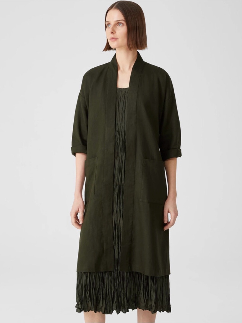 Eileen Fisher Organic Linen Long Kimono Belt Jacket Seaweed Green XS Minimalist